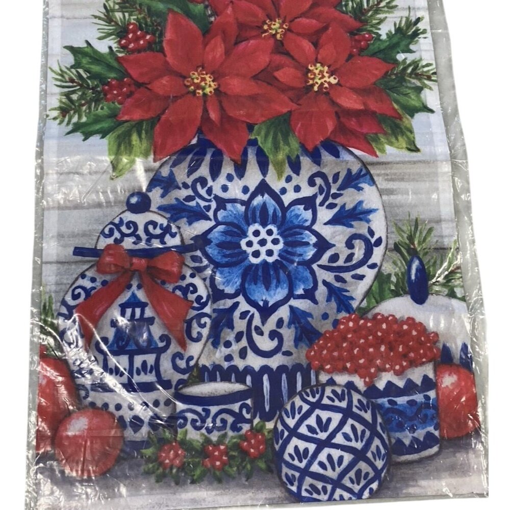 Delft Poinsettia Christmas House Flag Holiday Party Banner Winter Decor Farm